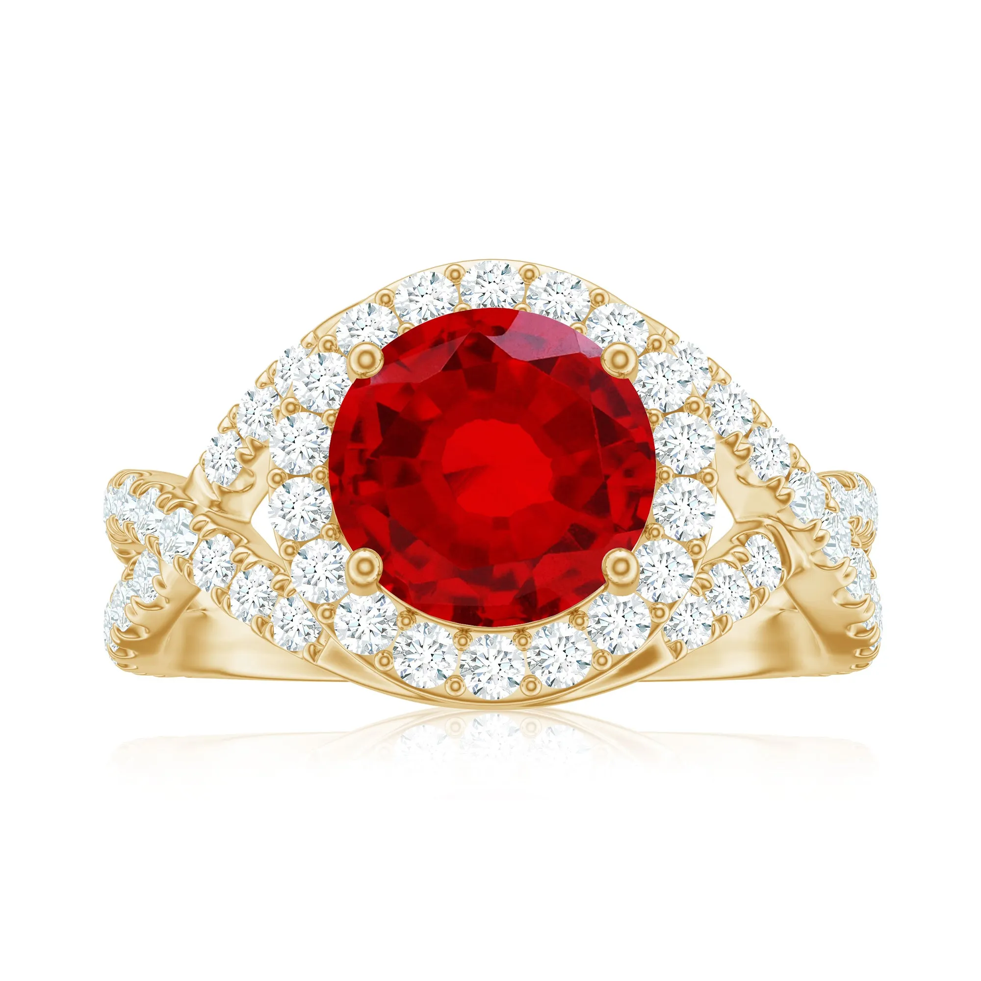 Classic Created Ruby Crossover Engagement Ring with Moissanite Accent