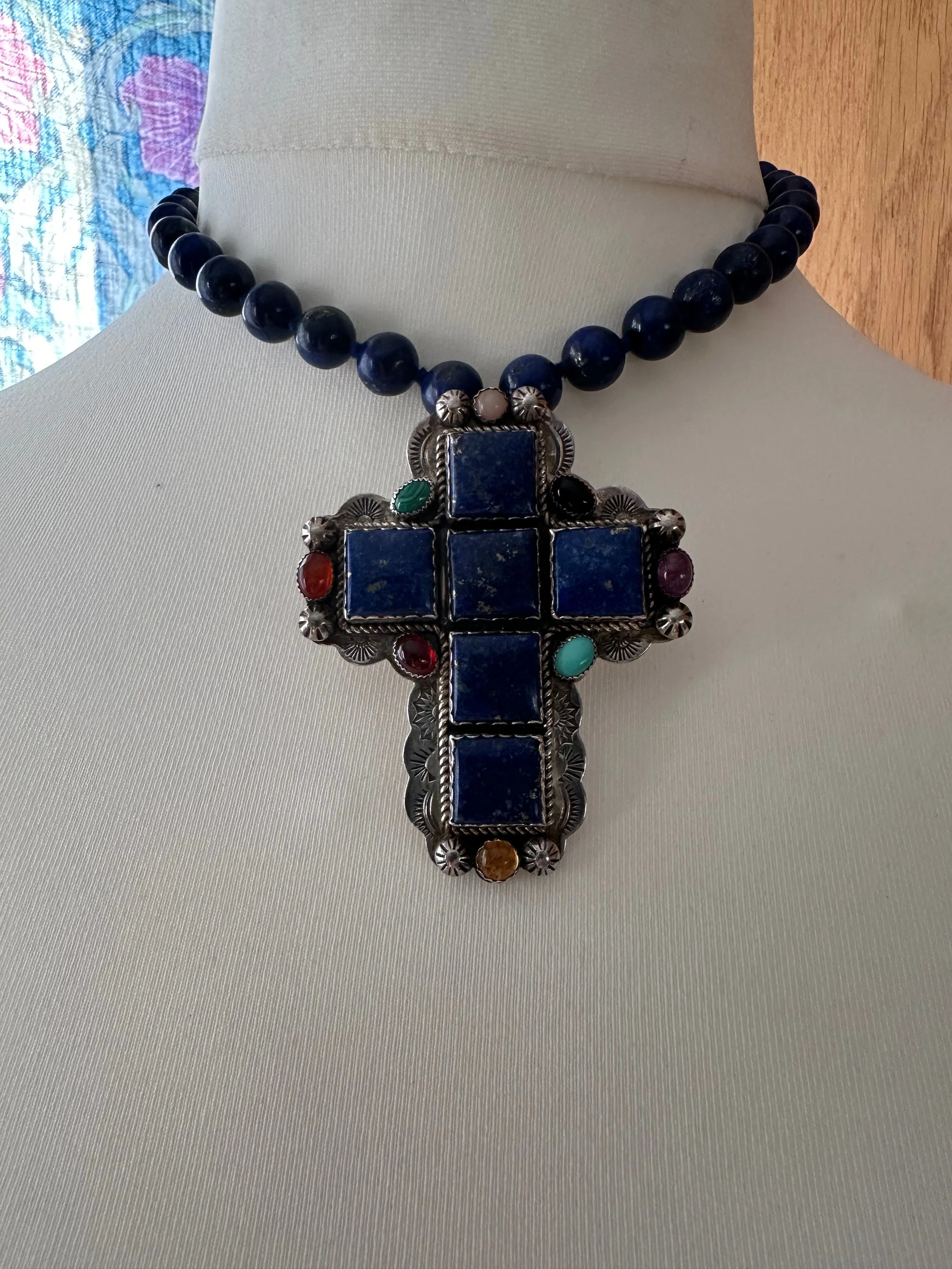 Joan Slifka Lapis Beads and Large Cross Necklace