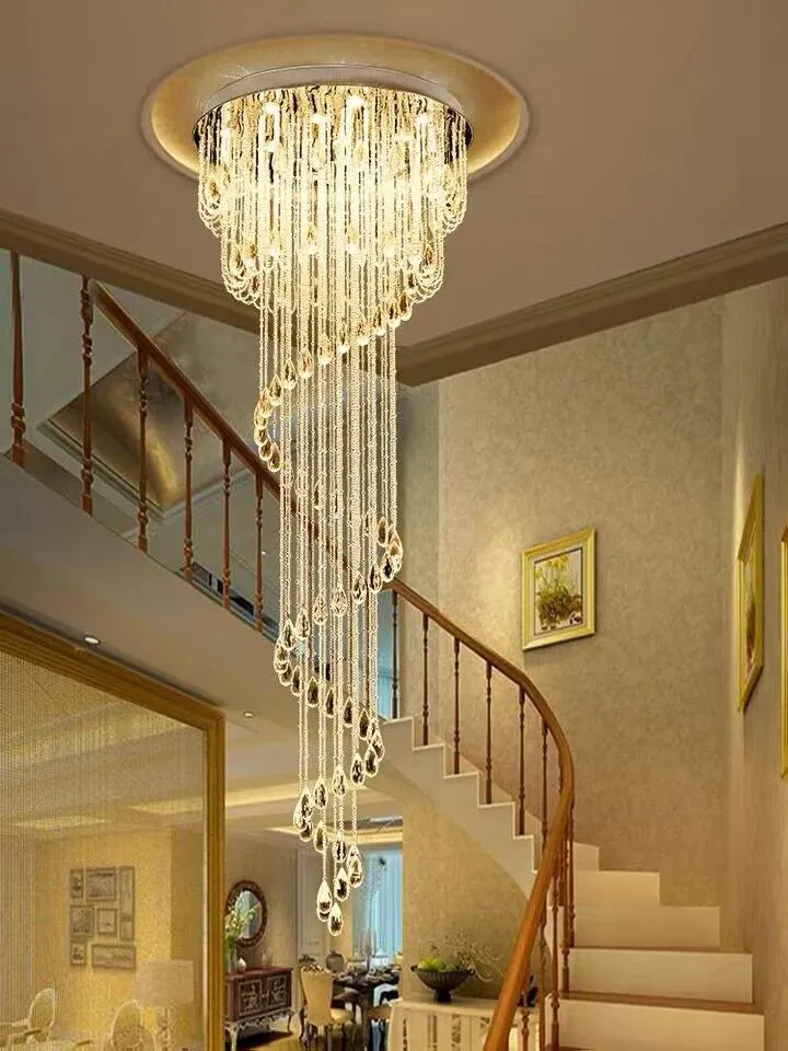 Oversized Modern Cascade Spiral Crystal Staircase Chandelier For Duplex Building