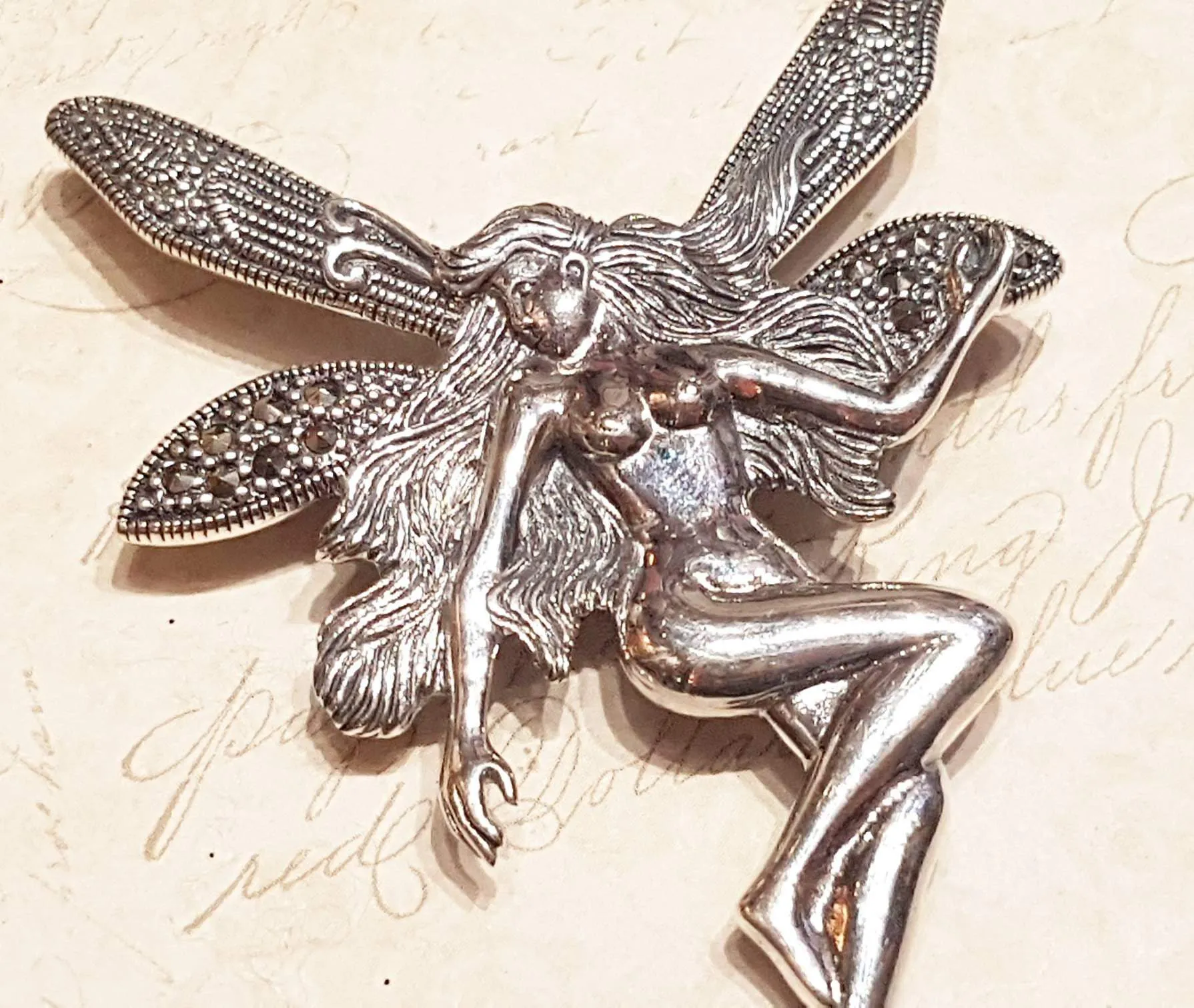 Silver Marcasite Art Nouveau Fairy Brooch Pendant Necklace