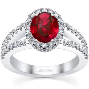 Split Shank Oval Ruby Halo Engagement Ring
