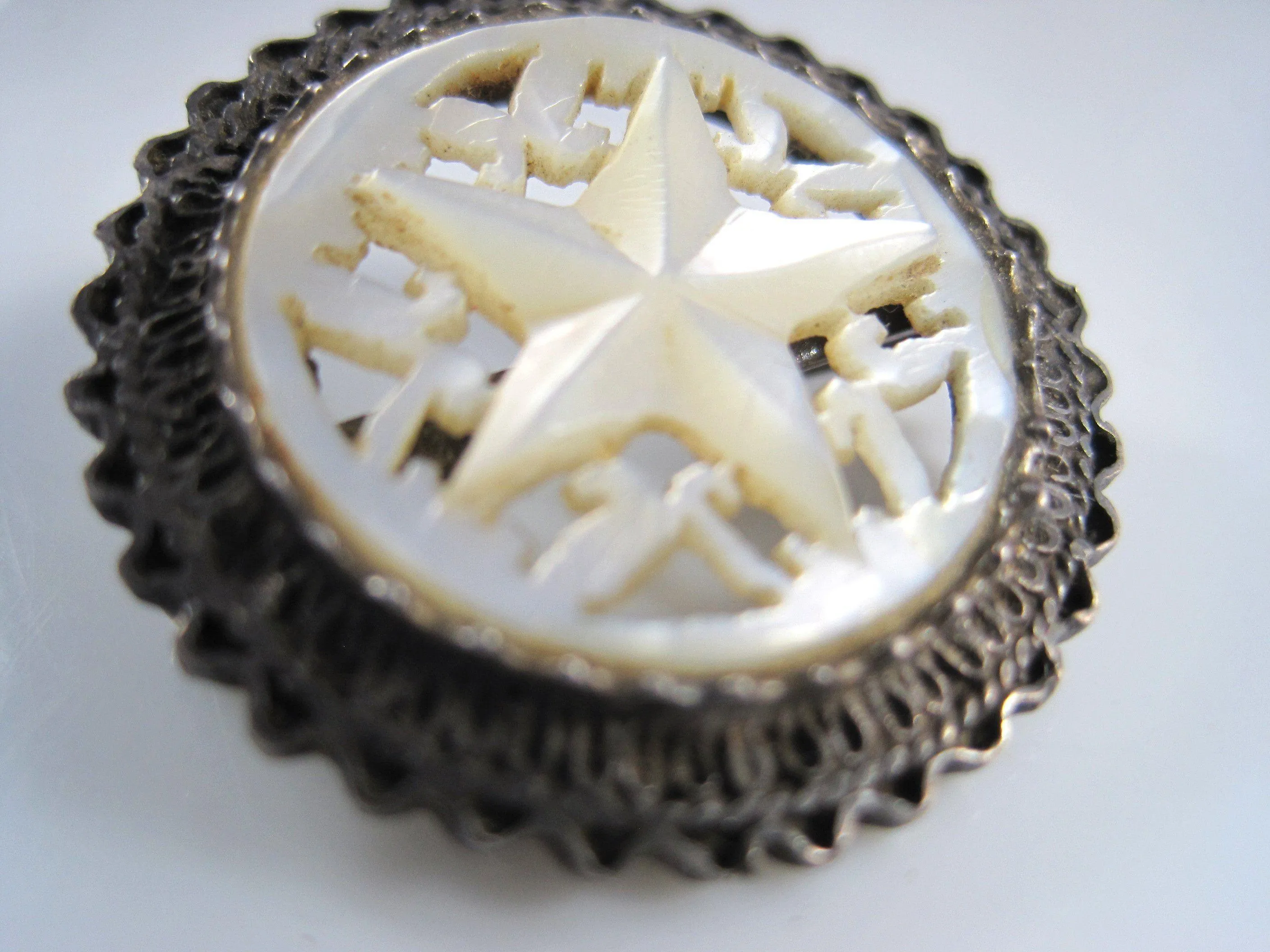 Vintage Carved Mother of Pearl and Sterling Silver Bethlehem Star Brooch