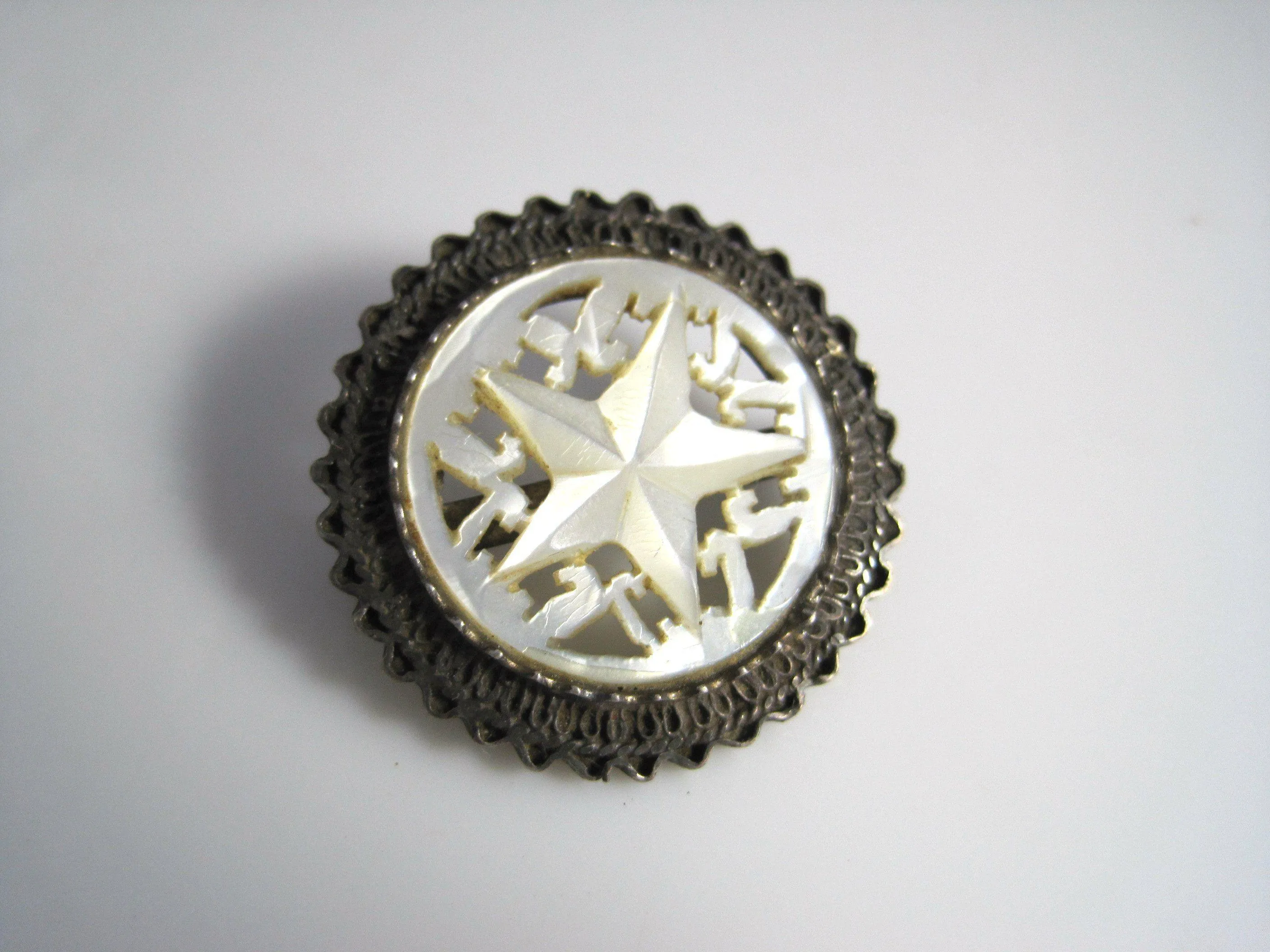 Vintage Carved Mother of Pearl and Sterling Silver Bethlehem Star Brooch